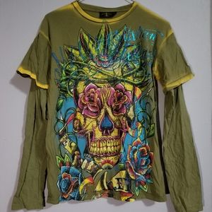 Christian Audigier Green Rhinestone Long Sleeve Shirt